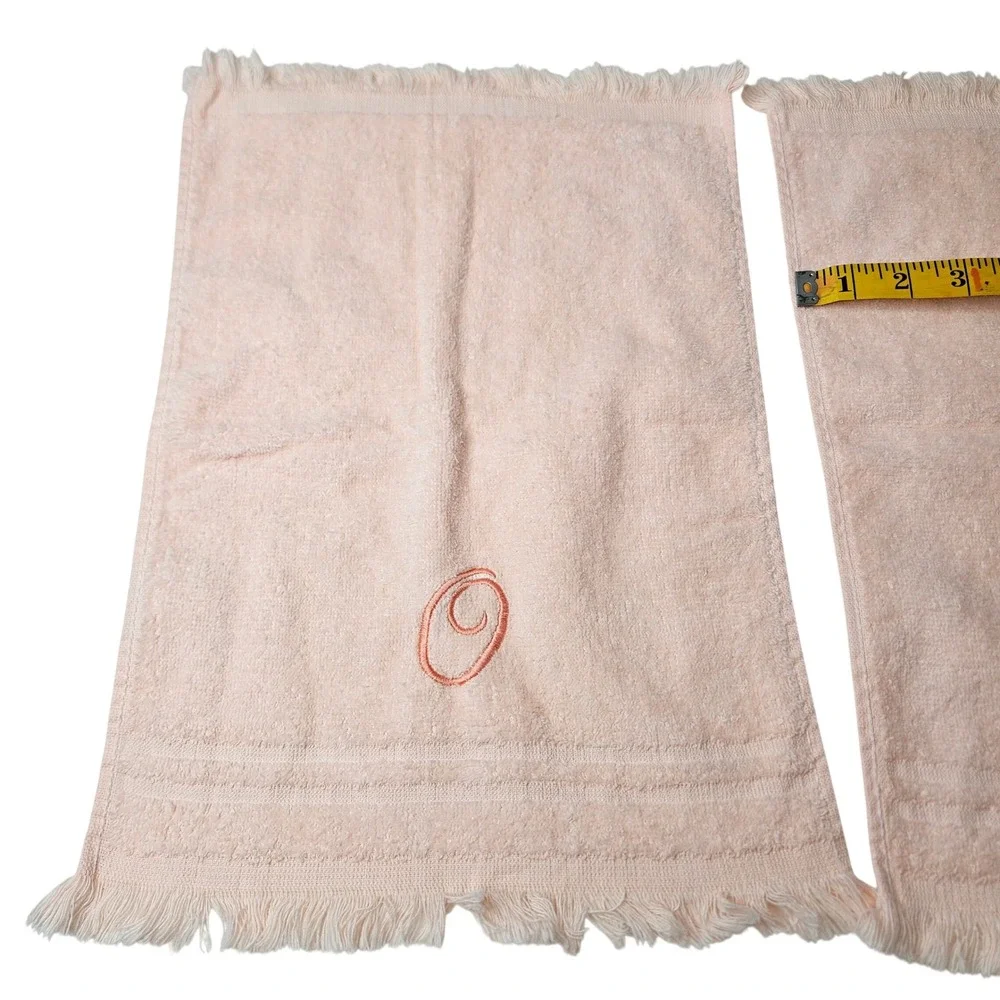 Vtg Cannon Peach Pink Cotton‎ Monogram Letter O Fringe Fingertip Towels Set of 2